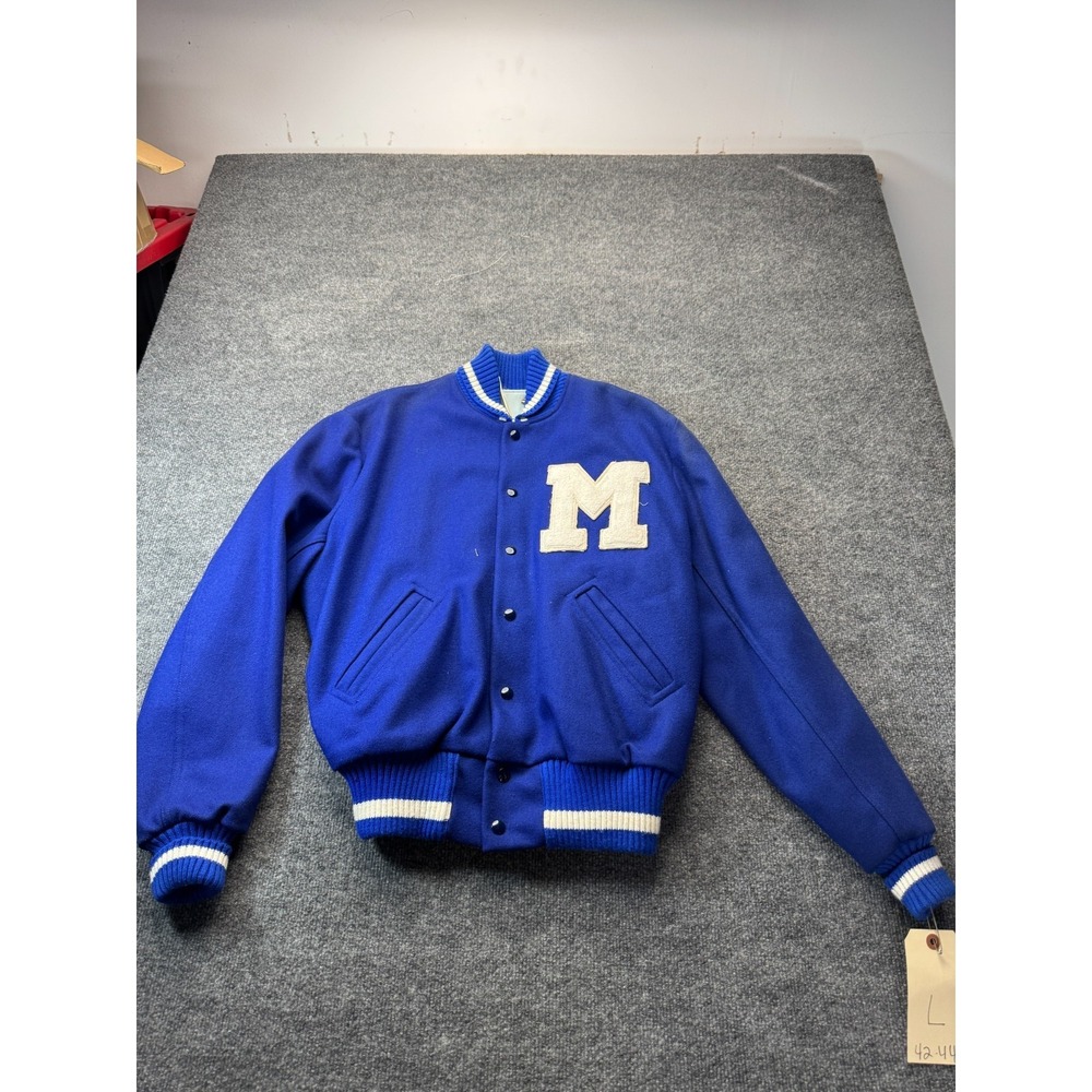 Vintage Albion Varsity Jacket 42 Mens M Blue All Wool Chenille M Patch USA Made